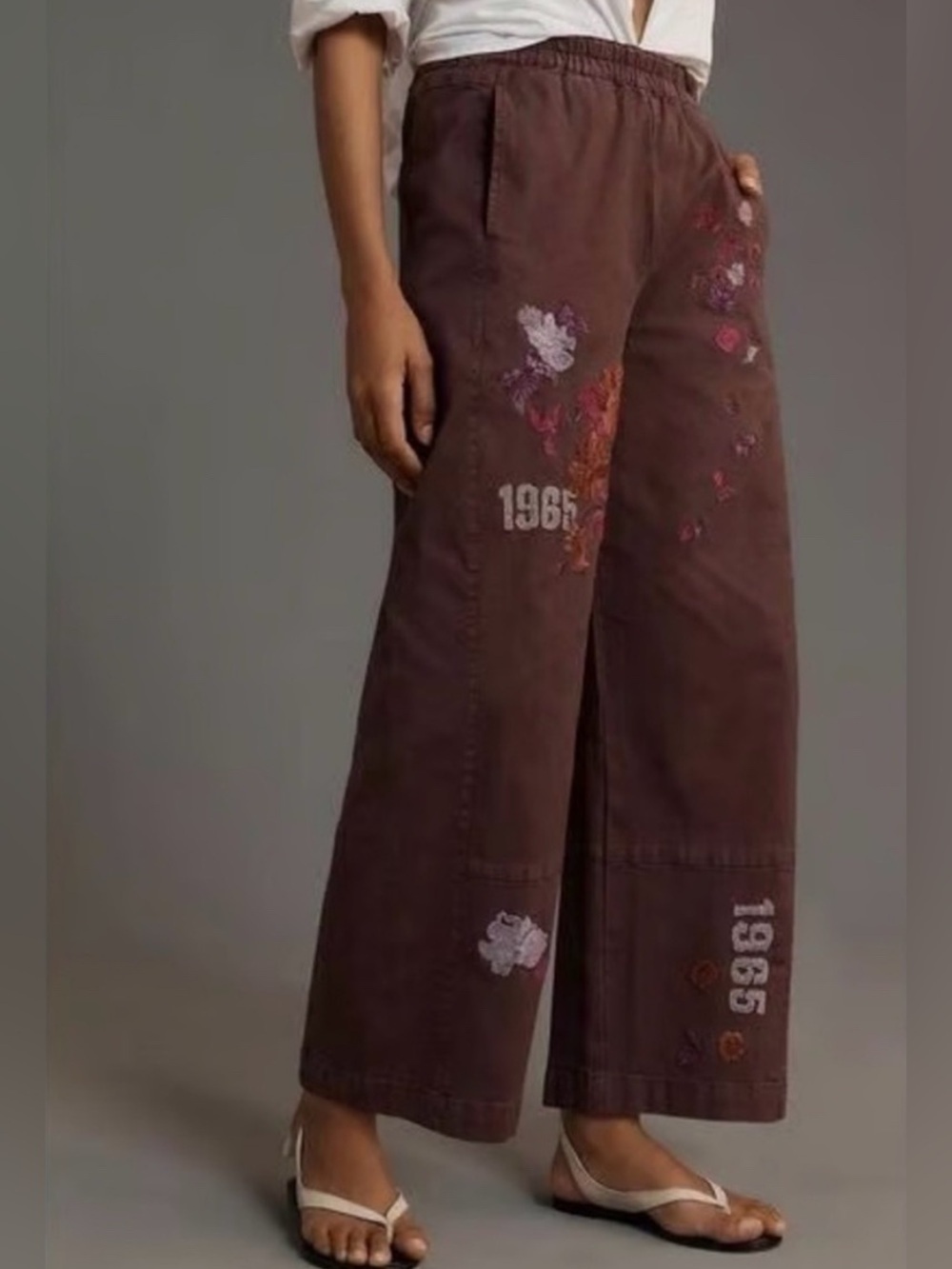 Pilcro 1965 Dusty Purple Izzie Relaxed Pull On Barrel Pants Floral Embroidery